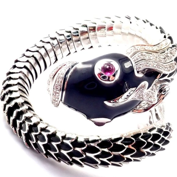 Authentic! Roberto Coin Nemo 18k White Gold Diamond Ruby Enamel Cuff Bracelet - Picture 2 of 12